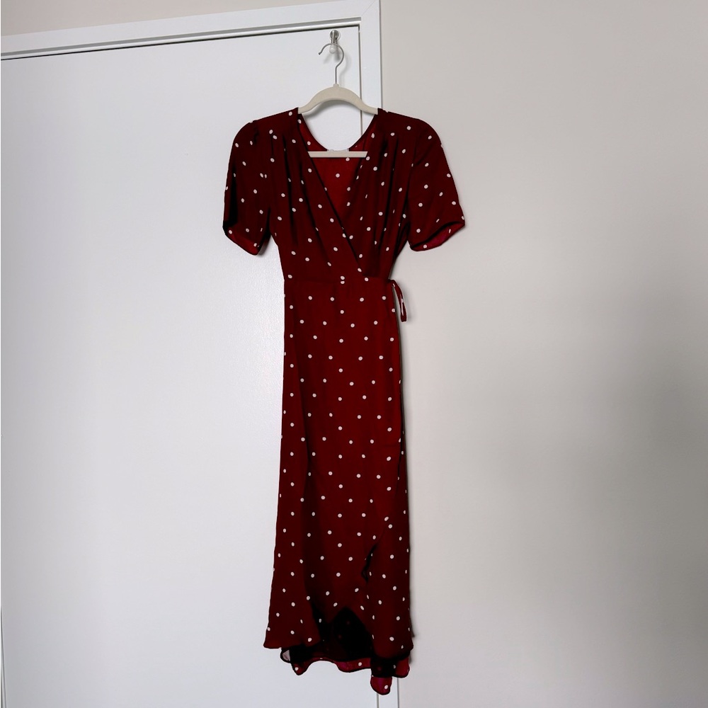ISALIS burgundy and white polka dot midi wrap dress XS
